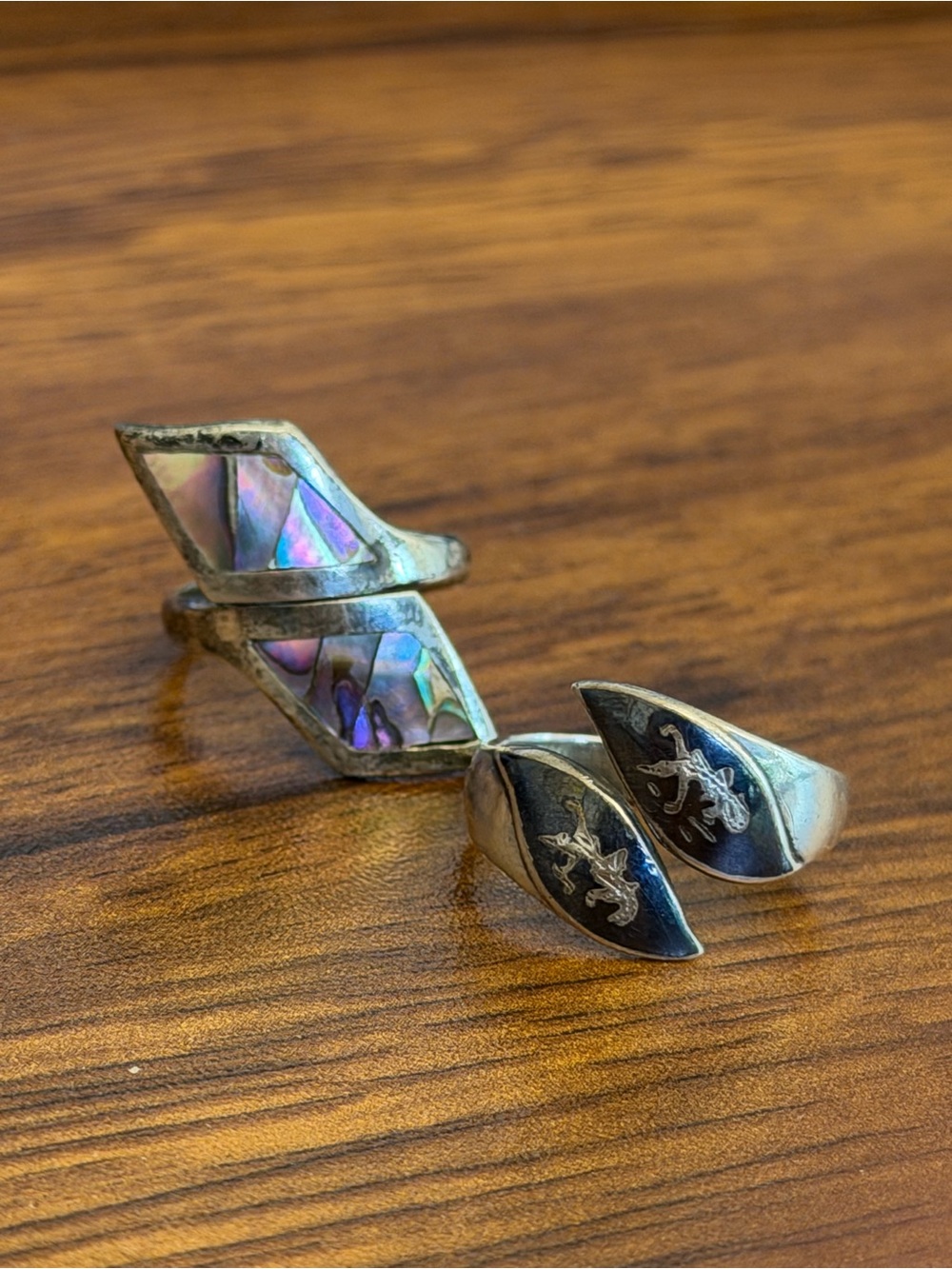 Vintage Sterling Silver and Abalone Ring Set - Iridescent Green/Blue/Black